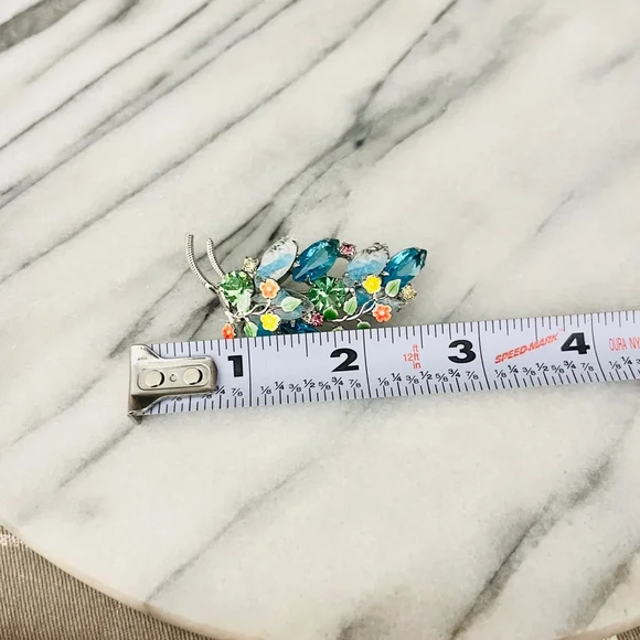 Vintage Blue Crystal Brooch Prong Set Navettes Green Pink Accent Enamel Flower